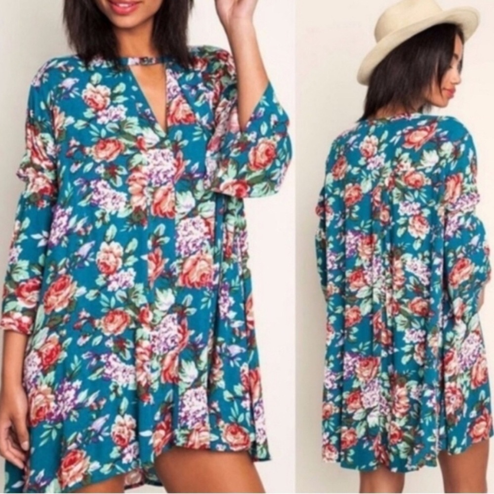 Umgee Floral, Colorful, Loose Fit, Swingy Dress, Tunic, Teal, Pink, Size S